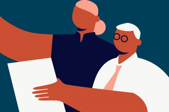 A vector illustration of a man with glasses holding a piece of paper talking to a lady