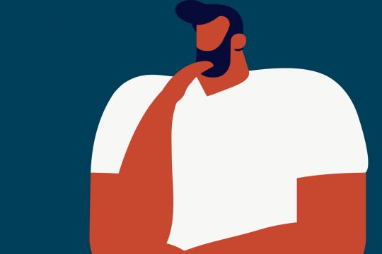 A vector illustration of a bearded man thinking by placing a finger on his chin.