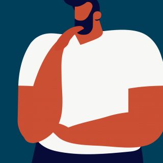 A vector illustration of a bearded man thinking by placing a finger on his chin.