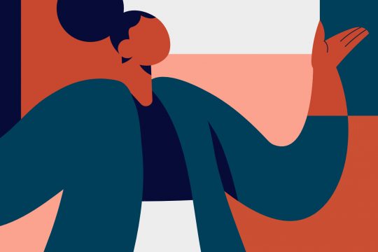 A vector illustration of a woman presenting her work
