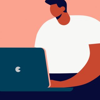 A vector illustration of a man typing on keyboard of his laptop.