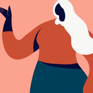 A vector illustration of a long-haired woman talking with hand gesture.