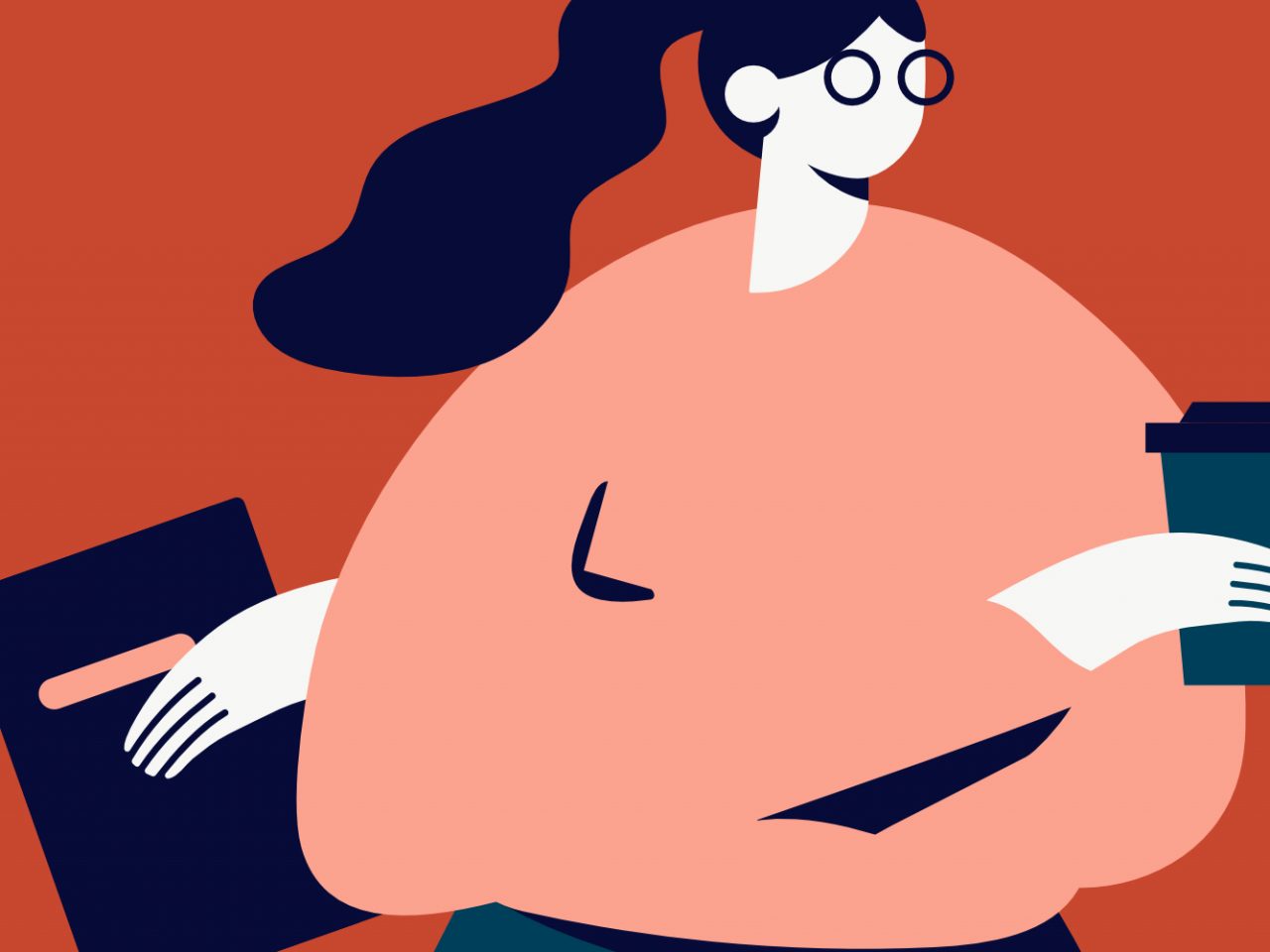 A vector illustration of a lady standing with crossing arms while holding a cup of coffee and a book.