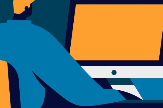 A vector illustration of a man using desktop for working