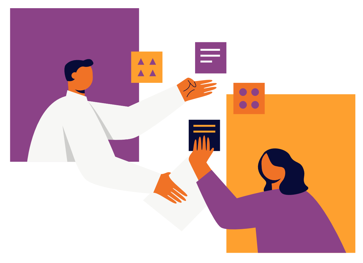 A vector illustration of a man and a woman discussing their work