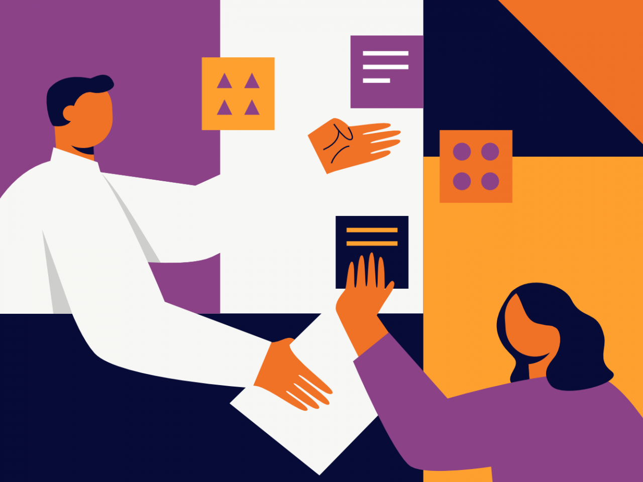 A vector illustration of a man and a woman discussing their work