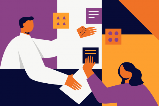 A vector illustration of a man and a woman discussing their work