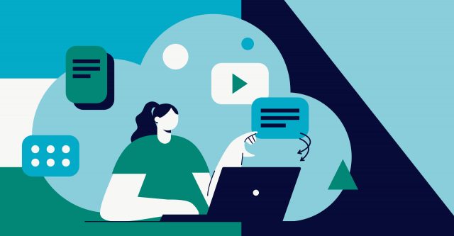 A vector illustration of a woman using a laptop.