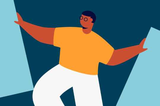 A vector illustration of a man with glasses holding two blank boards.