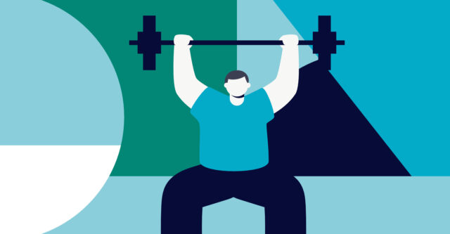 A vector illustration of a man lifting the barbell.