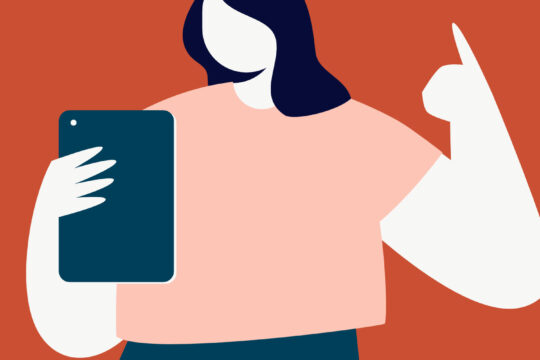 A vector illustration of a girl holding a tablet.