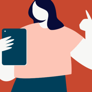 A vector illustration of a girl holding a tablet.