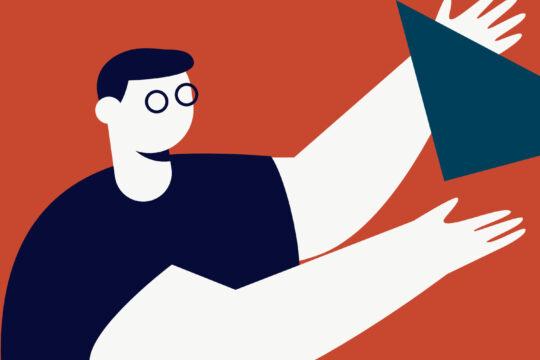 A vector illustration of a man in glasses telling a story with hand gesture.