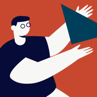 A vector illustration of a man in glasses telling a story with hand gesture.