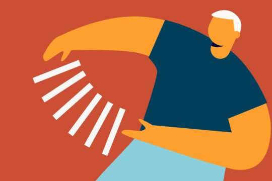 A vector illustration of a man influencing the movement of a stack of books.