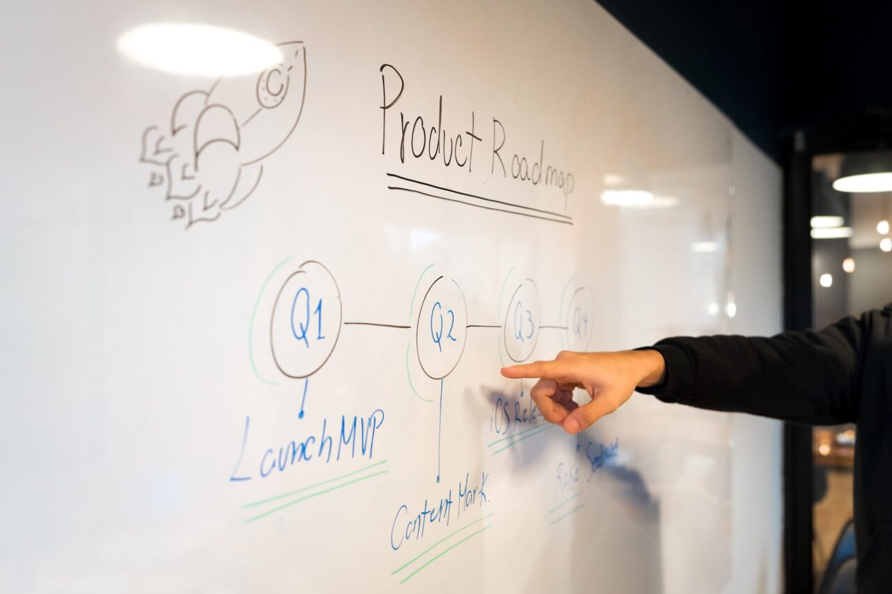 Person presenting an idea on a whiteboard